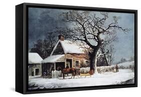 Country Cabin in an American Winter Scene-Currier & Ives-Framed Stretched Canvas