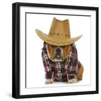 Country Dog - English Bulldog Puppy Dressed Up In Western Clothes And Hat On White Background-Willee Cole-Framed Photographic Print