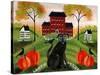 Country Folk Art Dog, Crows And Pumpkins-Cheryl Bartley-Stretched Canvas