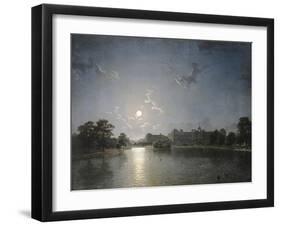 Country House across a Lake by Moonlight, C.1850-null-Framed Giclee Print