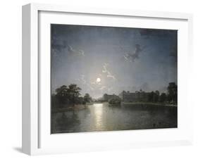 Country House across a Lake by Moonlight, C.1850-null-Framed Giclee Print