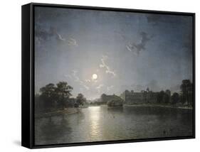 Country House across a Lake by Moonlight, C.1850-null-Framed Stretched Canvas