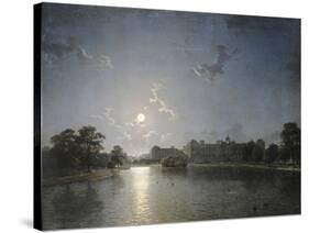 Country House across a Lake by Moonlight, C.1850-null-Stretched Canvas