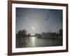 Country House across a Lake by Moonlight, C.1850-null-Framed Giclee Print