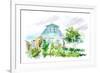 Country House, Apple Tree and Garden. Flower Garden Sketch.Watercolor Hand Drawn Illustration.White-Jula_Lily-Framed Art Print