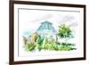 Country House, Apple Tree and Garden. Flower Garden Sketch.Watercolor Hand Drawn Illustration.White-Jula_Lily-Framed Art Print