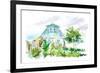 Country House, Apple Tree and Garden. Flower Garden Sketch.Watercolor Hand Drawn Illustration.White-Jula_Lily-Framed Art Print