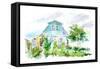 Country House, Apple Tree and Garden. Flower Garden Sketch.Watercolor Hand Drawn Illustration.White-Jula_Lily-Framed Stretched Canvas