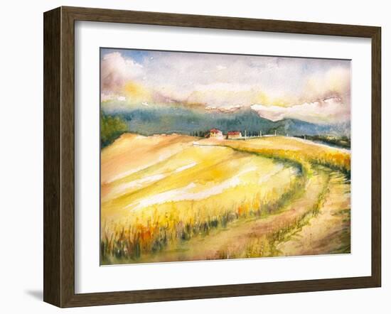 Country Landscape with Typical Tuscan Hills in Italy. Watercolors Painting.-DeepGreen-Framed Art Print