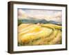 Country Landscape with Typical Tuscan Hills in Italy. Watercolors Painting.-DeepGreen-Framed Art Print