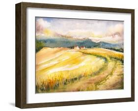 Country Landscape with Typical Tuscan Hills in Italy. Watercolors Painting.-DeepGreen-Framed Art Print