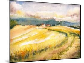 Country Landscape with Typical Tuscan Hills in Italy. Watercolors Painting.-DeepGreen-Mounted Art Print