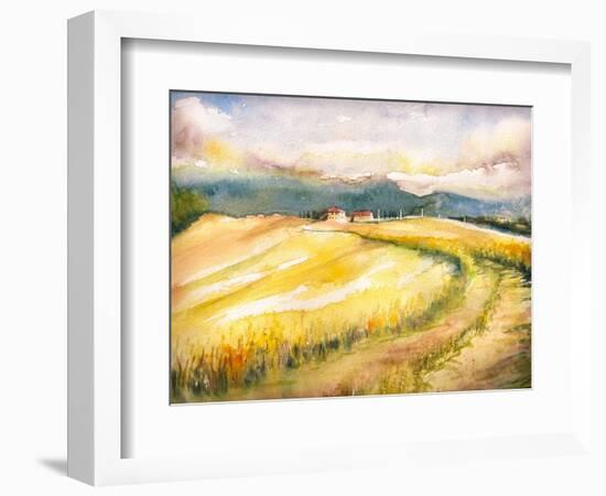 Country Landscape with Typical Tuscan Hills in Italy. Watercolors Painting.-DeepGreen-Framed Art Print