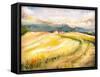 Country Landscape with Typical Tuscan Hills in Italy. Watercolors Painting.-DeepGreen-Framed Stretched Canvas