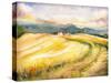 Country Landscape with Typical Tuscan Hills in Italy. Watercolors Painting.-DeepGreen-Stretched Canvas