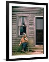 Country Musician, Fred Price, Sitting Outdoors in Front of Old House Playing the Fiddle-Michael Mauney-Framed Photographic Print