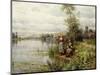 Country Women Fishing on a Summer Afternoon, (Oil on Canvas)-Louis Aston Knight-Mounted Giclee Print