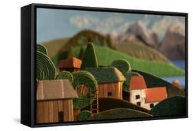 Countryside Houses with Mountains in Background-KREUS-Framed Stretched Canvas