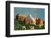 Countryside with Farms, Meadows, Cows and Mountains - Stylized Nature Background Made of Wool-KREUS-Framed Photographic Print