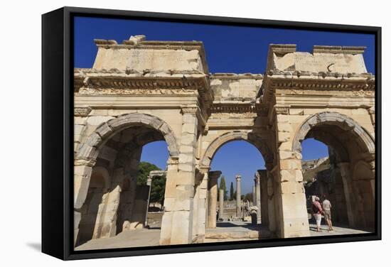 Couple at Mazeus and Mithriadates Gate, Roman Ruins of Ancient Ephesus, Near Kusadasi-Eleanor Scriven-Framed Stretched Canvas