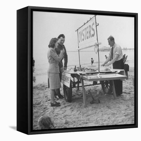 Couple Buying Seafood at Blackpool Beach-Ian Smith-Framed Stretched Canvas