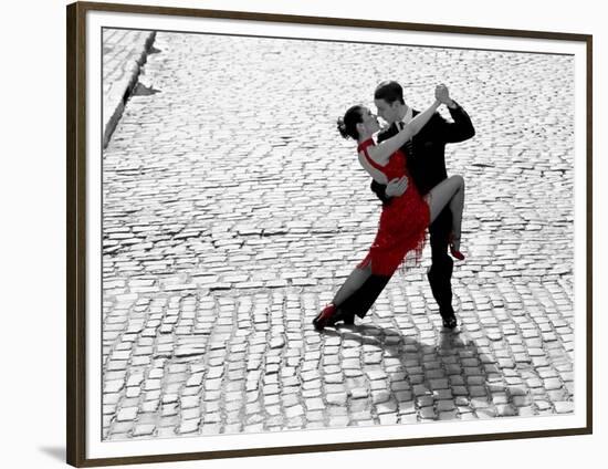 Couple dancing Tango on cobblestone road-null-Framed Art Print