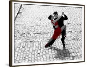 Couple dancing Tango on cobblestone road-null-Framed Art Print