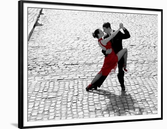 Couple dancing Tango on cobblestone road-null-Framed Art Print