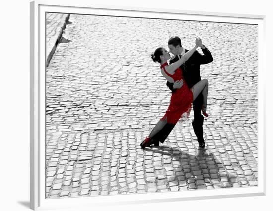 Couple dancing Tango on cobblestone road-null-Framed Art Print