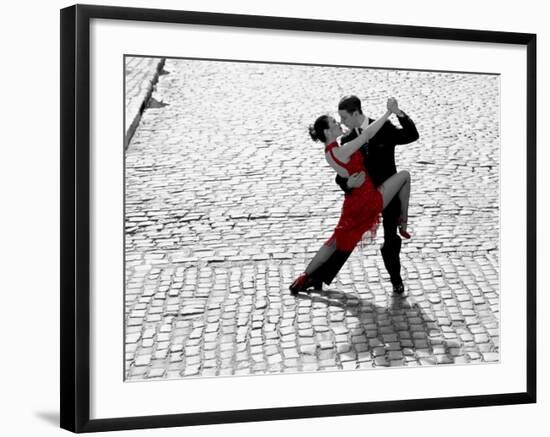 Couple dancing Tango on cobblestone road-null-Framed Art Print