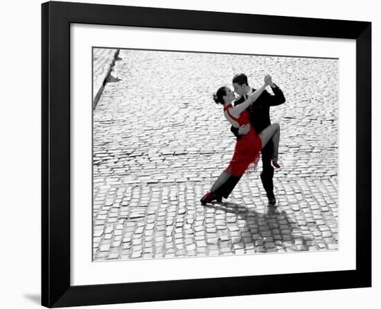 Couple dancing Tango on cobblestone road-null-Framed Art Print