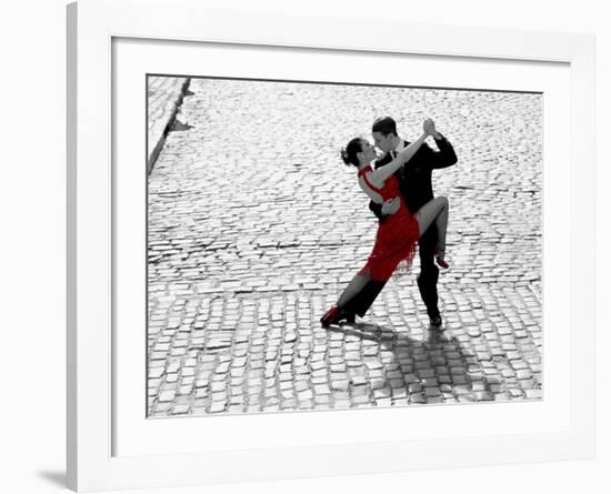 Couple dancing Tango on cobblestone road-null-Framed Art Print