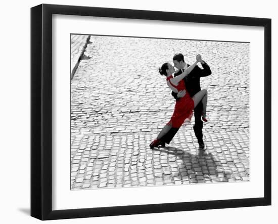 Couple dancing Tango on cobblestone road-null-Framed Art Print