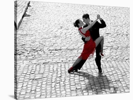 Couple dancing Tango on cobblestone road-null-Stretched Canvas