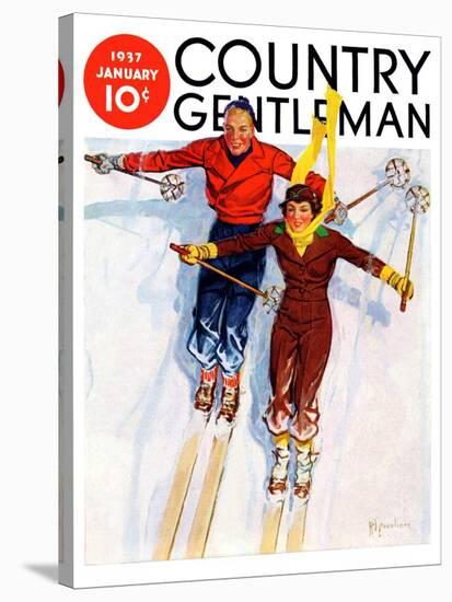 "Couple Downhill Skiing," Country Gentleman Cover, January 1, 1937-R.J. Cavaliere-Stretched Canvas