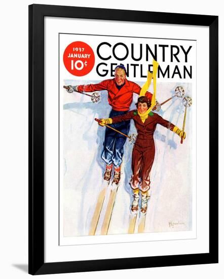 "Couple Downhill Skiing," Country Gentleman Cover, January 1, 1937-R.J. Cavaliere-Framed Giclee Print