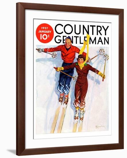 "Couple Downhill Skiing," Country Gentleman Cover, January 1, 1937-R.J. Cavaliere-Framed Giclee Print