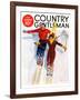 "Couple Downhill Skiing," Country Gentleman Cover, January 1, 1937-R.J. Cavaliere-Framed Giclee Print