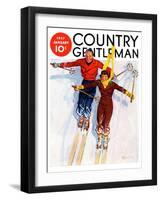 "Couple Downhill Skiing," Country Gentleman Cover, January 1, 1937-R.J. Cavaliere-Framed Giclee Print