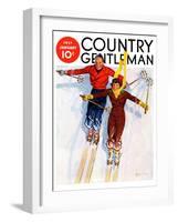 "Couple Downhill Skiing," Country Gentleman Cover, January 1, 1937-R.J. Cavaliere-Framed Giclee Print