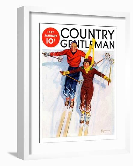 "Couple Downhill Skiing," Country Gentleman Cover, January 1, 1937-R.J. Cavaliere-Framed Giclee Print