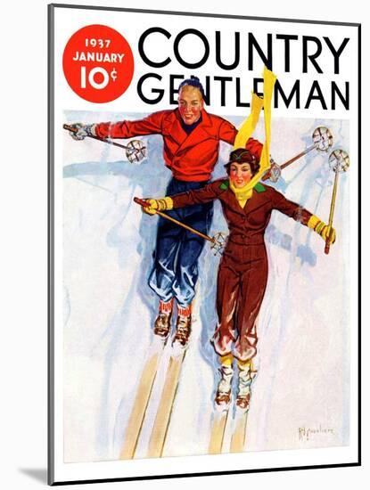 "Couple Downhill Skiing," Country Gentleman Cover, January 1, 1937-R.J. Cavaliere-Mounted Giclee Print