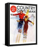 "Couple Downhill Skiing," Country Gentleman Cover, January 1, 1937-R.J. Cavaliere-Framed Stretched Canvas