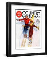 "Couple Downhill Skiing," Country Gentleman Cover, January 1, 1937-R.J. Cavaliere-Framed Giclee Print