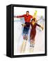 "Couple Downhill Skiing,"January 1, 1937-R.J. Cavaliere-Framed Stretched Canvas