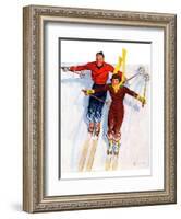 "Couple Downhill Skiing,"January 1, 1937-R.J. Cavaliere-Framed Giclee Print