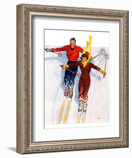 "Couple Downhill Skiing,"January 1, 1937-R.J. Cavaliere-Framed Giclee Print