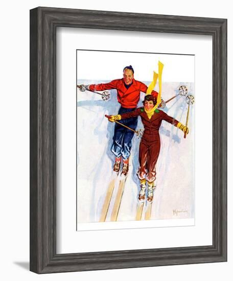 "Couple Downhill Skiing,"January 1, 1937-R.J. Cavaliere-Framed Giclee Print