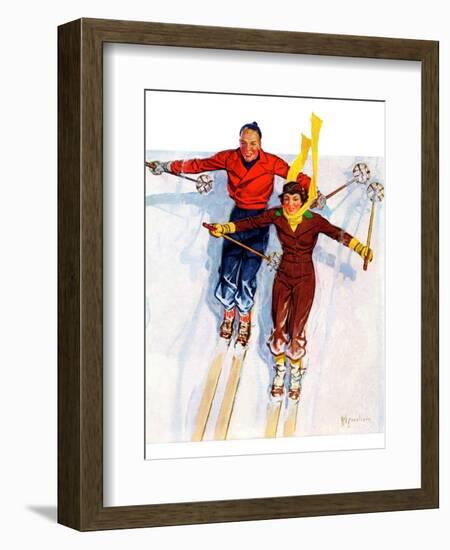 "Couple Downhill Skiing,"January 1, 1937-R.J. Cavaliere-Framed Giclee Print