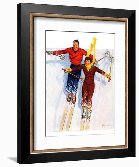 "Couple Downhill Skiing,"January 1, 1937-R.J. Cavaliere-Framed Giclee Print